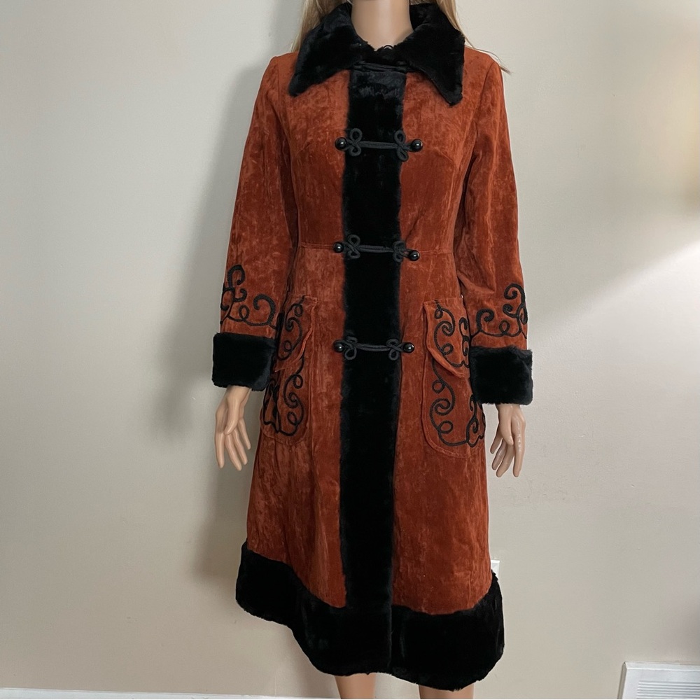 VINTAGE 70s Womens PENNY LANE Orange Crushed Velvet BOHO Jimmy Hendrix LONG COAT - Picture 1 of 8